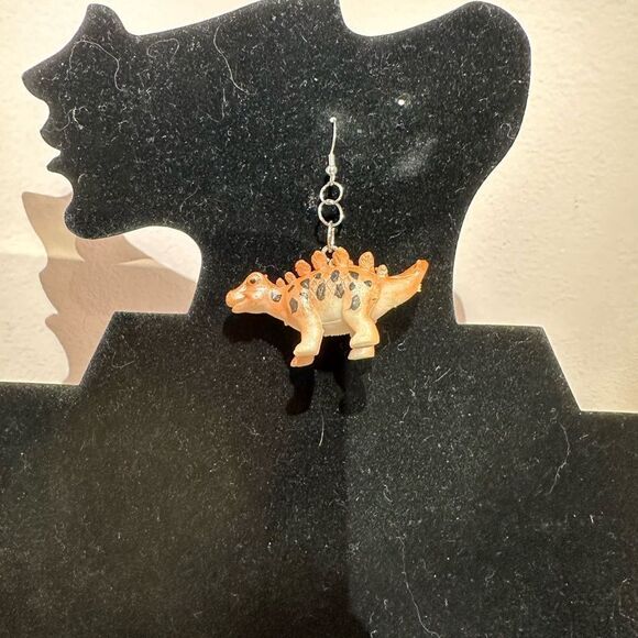 Earrings Pierced Dinosaur Silver Dangly Exaggerated Handmade Costume Jewelry - Picture 7 of 8